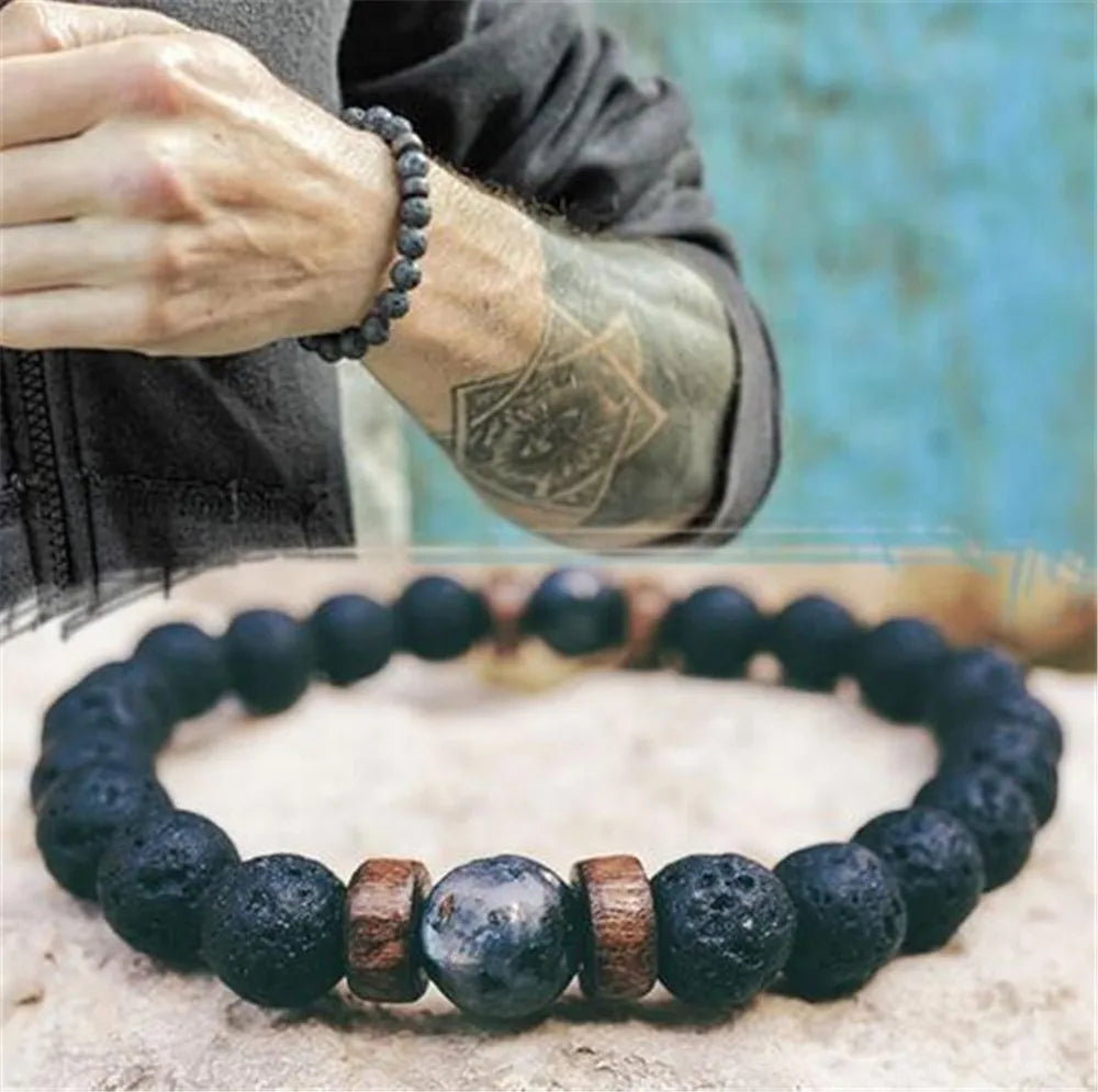 Volcanic Stone Bracelet for Men Lava Wooden  Beads Bracelet Tibetan