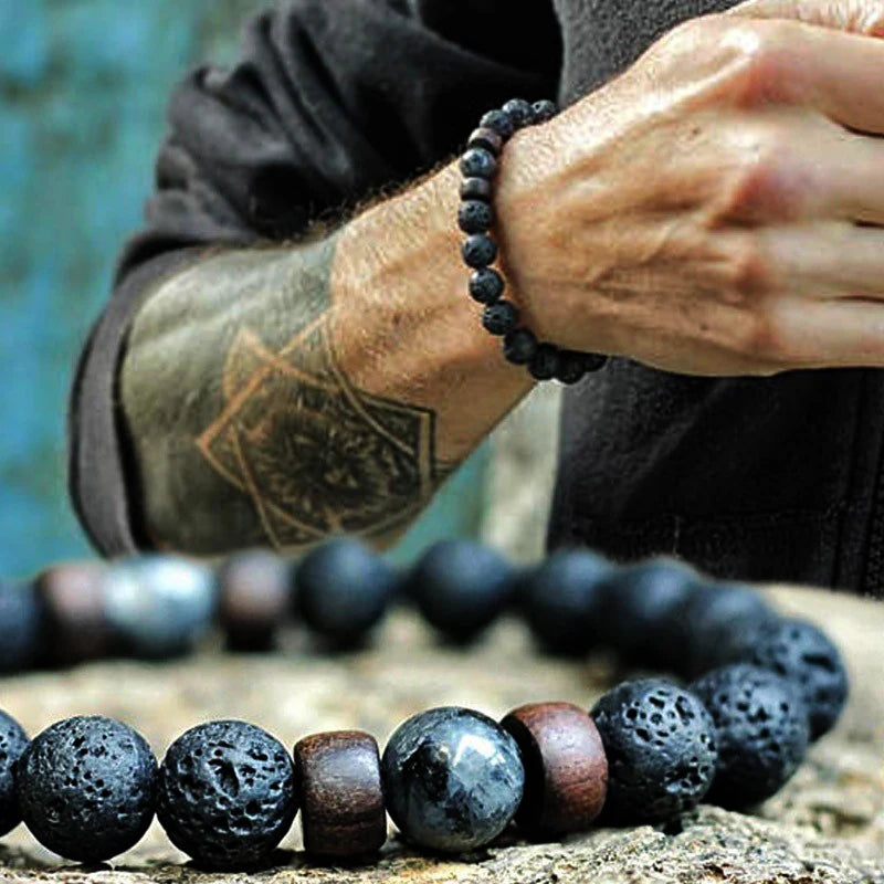Volcanic Stone Bracelet for Men Lava Wooden  Beads Bracelet Tibetan